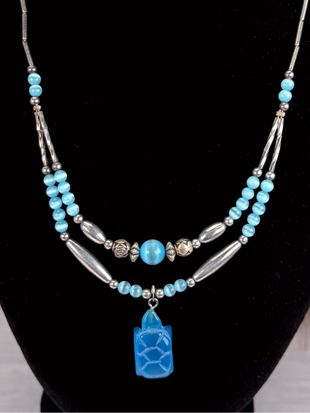 Vintage Turtle Pendant Necklace Blue Beads Silver Tone Southwest Style